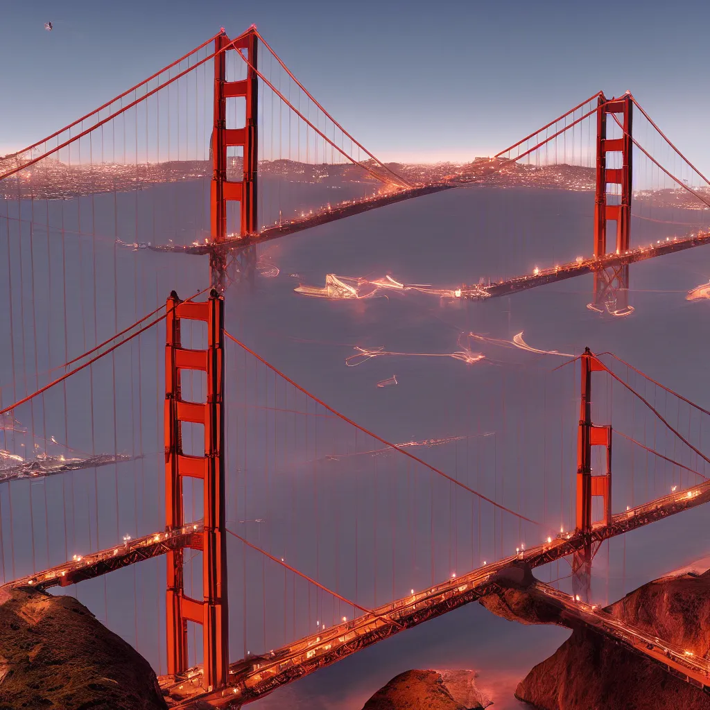 Prompt: A Volvo spaceship flying over the Golden Gate Bridge, cinematic lighting ultra detail ultra realistic photo realistic octane render 4k