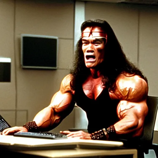 Image similar to actor arnold schwarzenegger as conan the barbarian sitting at a desk, as an office worker, in an office, inside an office building, sitting at a desk, angrily shouting at a laptop, angry at laptop, laptop computer, computer trouble, technical difficulties, software error, crisp lighting, corporate photography