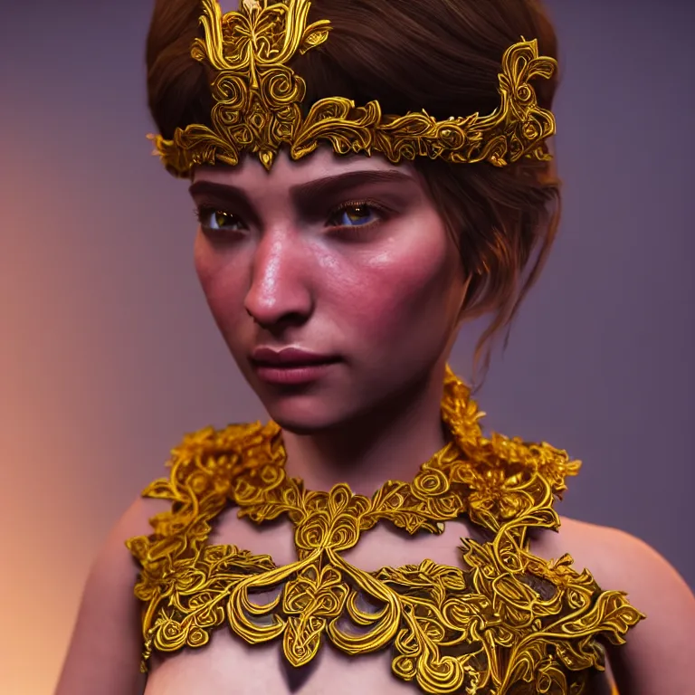 Image similar to princess of vines with a clear skin, ornate 8 k gorgeous intricate gold detailed unreal engine rendered