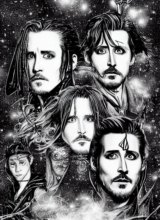 Prompt: black and white pen and ink!!!!!!! Johnny Depp x Ryan Gosling wearing cosmic space robes made of stars final form flowing royal hair golden!!!! Vagabond!!!!!!!! floating magic swordsman!!!! glides through a beautiful!!!!!!! Camellia flower battlefield dramatic esoteric!!!!!! Long hair flowing dancing illustrated in high detail!!!!!!!! by Moebius and Hiroya Oku!!!!!!!!! graphic novel published on 2049 award winning!!!! full body portrait!!!!! action exposition manga panel black and white Shonen Jump issue by David Lynch eraserhead and beautiful line art Hirohiko Araki!! Rossetti, Millais, Mucha, Jojo's Bizzare Adventure, baroque bedazzled gothic royalty frames surrounding a pixelsort emo demonic horrorcore japanese Edward Scissorhands, sharpened early computer graphics, remastered chromatic aberration, spiked korean bloodmoon sigil stars draincore, gothic demon hellfire hexed witchcore aesthetic, dark vhs gothic hearts, neon glyphs spiked with red maroon glitter breakcore art