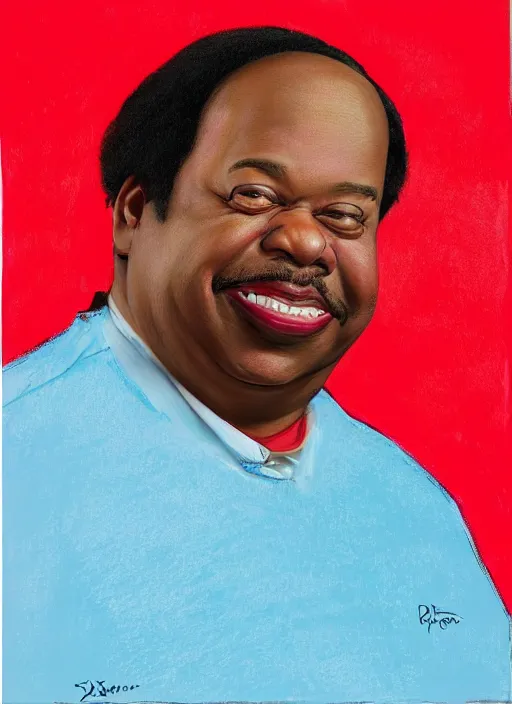 Image similar to ( ( ( caricature of leslie david baker as stanley hudson of the office television series ) ) ) by igor kazarin, pastels, head to waist, light coming from the right side, red background,