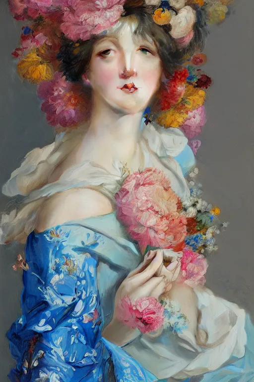 Image similar to a painting of a woman in a blue silk dress with a floral pattern, a colorful flowery character portrait by ruan jia, vivid color hues, intricate sharp detail, cgsociety, rococo, ilya kuvshinov, made of flowers, pre - raphaelite