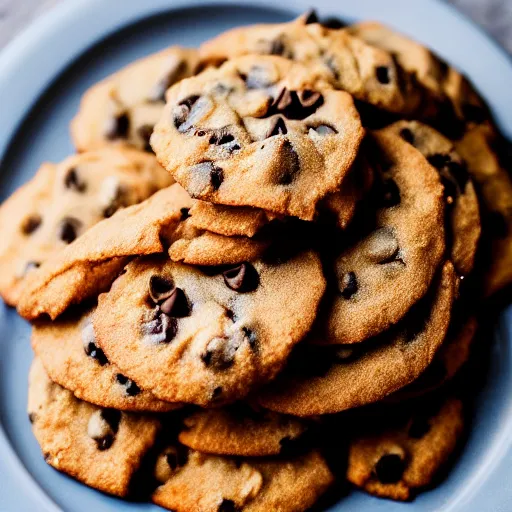 Prompt: a 5 0 mm macro shot of a plate of chocolate chip and prawn cookies
