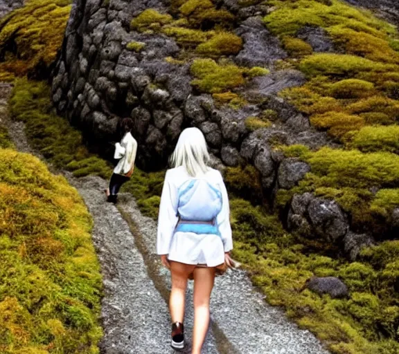 Image similar to beautiful silver hair young woman walking up Mount Fuji in the style of studio ghibli manga