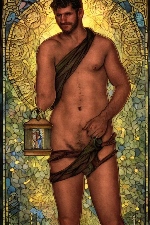 Prompt: tarot card of a shirtless handsome! cowboy holding a lantern | wearing loincloth, dad bod, homoerotic, art deco, art nouveau, intricate, highly detailed | by louis comfort tiffany | trending on artstation