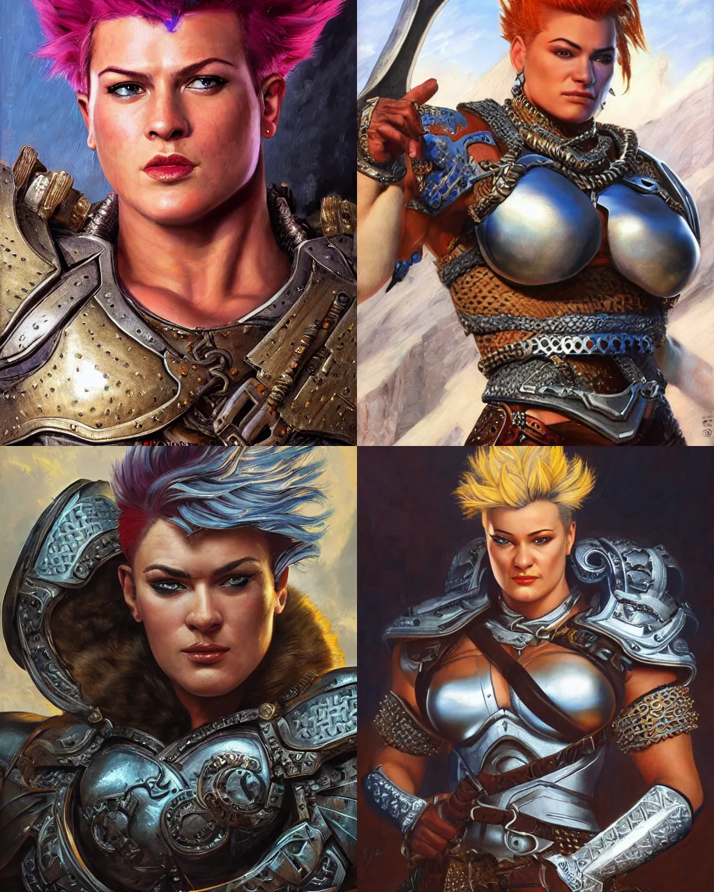 Prompt: detailed portrait of zarya from overwatch as a powerful medieval warrior wearing iron chainmail, intricate, hyper detailed, realistic, oil painting, by jeff easley, boris vallejo, cinematic lighting