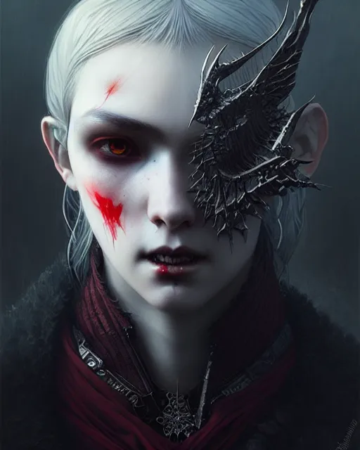 Image similar to dark vampire, character portrait, concept art, intricate details, highly detailed by greg rutkowski, ilya kuvshinov and gustave dore, wenjun lin,