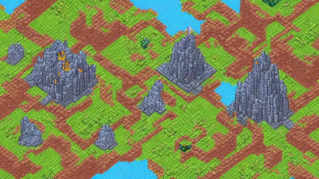 Image similar to Aerial view of a wizard tower surrounded by different kinds of gem mines and ominous caves, pixel art, colored
