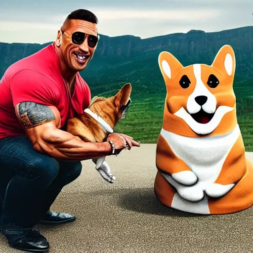 Image similar to photo of dwayne johnson riding a giant corgi, highly - detailed, sharp focus, award - winning