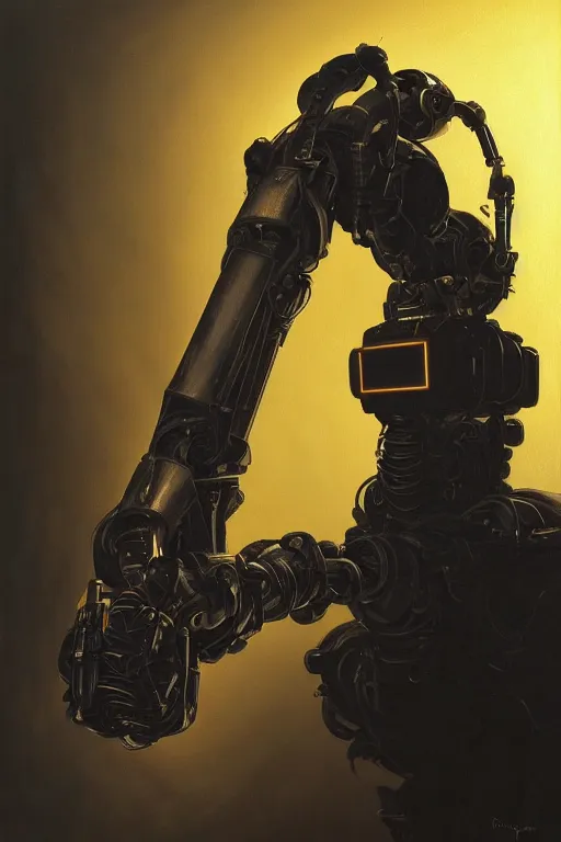 Image similar to a close-up portrait of a robotic arm painted by Raphel, dramatic backlighting, autochrome, chiaroscuro, highly detailed, sharp focus, digital painting, concept art, illustration, rock, trending on artstation, art by Ruan Jia and Raphael, Art directed by Shepard Fairey, color scheme by Mandy Jurgens