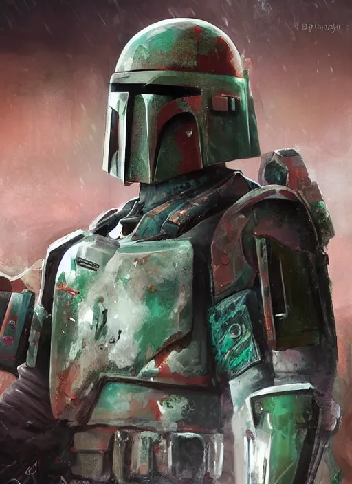 Image similar to cyberpunk heavy armor!! x boba fett, digital art, character mashup, epic volumetric lighting, combination art