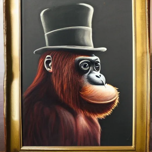 Image similar to framed portrait painting of an anthropomorphized orangutan, wearing a monocle and a small bowler hat, oversized mustache. dark outlining style. highly detailed