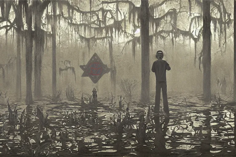 Prompt: scene from louisiana swamps, airboat, neon satanic pentagram, boy scout troop, voodoo artwork by tim eitel