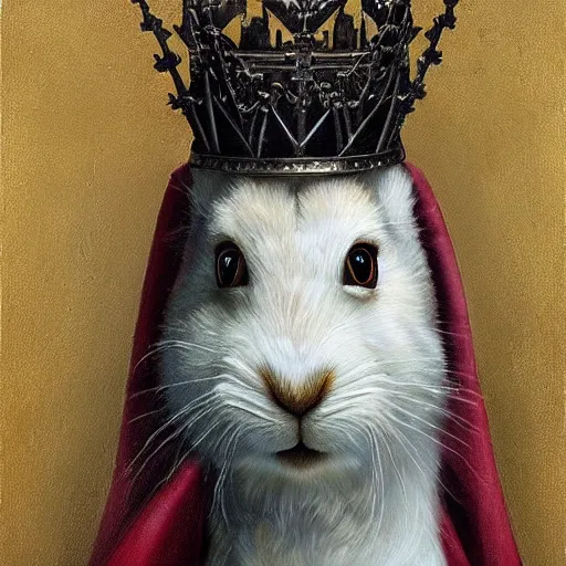 Image similar to “ an oil painting portrait of a white hare wearing medieval royal robe and an ornate crown on a dark background ” digital art, concept art, highly detailed, 3 - d 4 k, trending on art station, award winning, mark brooks,