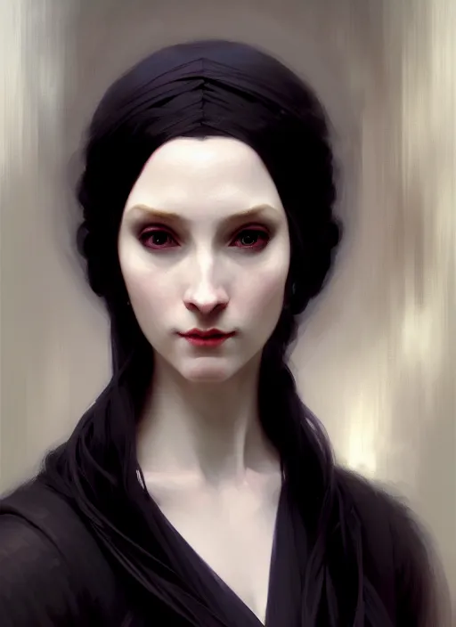 Image similar to character concept portrait of a female wizard with pale skin, wearing an elegant dress, dark vibe, intricate, elegant, digital painting, concept art, smooth, sharp focus, illustration, by Ruan Jia and Mandy Jurgens and William-Adolphe Bouguereau, Artgerm,