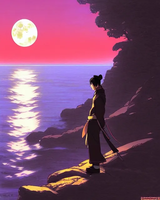 Image similar to a lonely poet ( li bai ) walks by the wide coast, night scene with moonlight on him, eva comic style, fine details. night setting. very anime style. realistic shaded lighting poster by ilya kuvshinov katsuhiro, magali villeneuve, artgerm, jeremy lipkin and michael garmash, rob rey and kentaro miura style, trending on art station