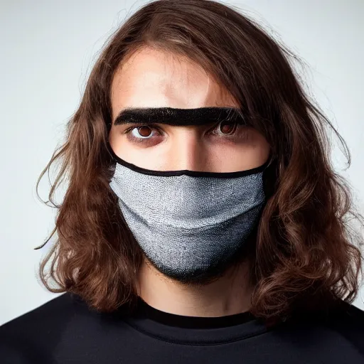 Image similar to professional digital art of a young adult man with slightly long hair wearing a black face mask and a form-fitting dark sweatshirt with dark sweatpants, high quality, HD, 8K, highly detailed, award-winning, fantasy, aloof