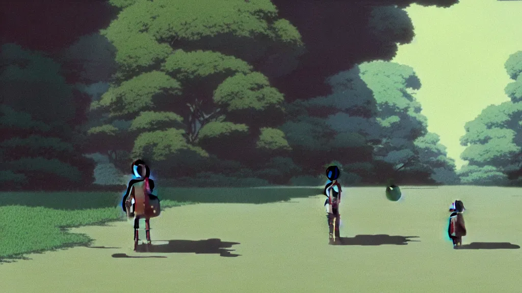 Image similar to a boy and his robot friend walking to school, anime film still from Studio Ghibli movie with art direction by Zdzisław Beksiński, wide lens