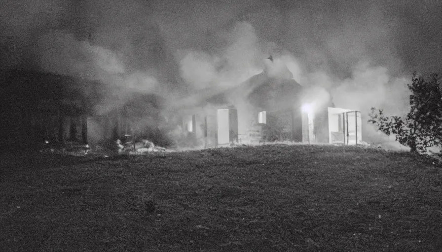 Image similar to 1 9 7 0 s movie still of a heavy burning french style little house by night in autumn, in a small northern french village, by sony mini dv camera, heavy grain, low quality, high detail, dramatic light, anamorphic, flares