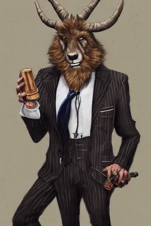 Image similar to beautiful portrait commission of a male furry anthro mountain goat wearing a pinstripe suit and waistcoat, smoking a cigar, award-winning character art, detailed, trending on artstation