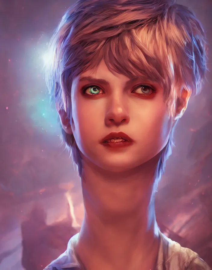 Image similar to An epic fantastic realism comic book style portrait painting of a pretty young sorcerous woman, short pixie haircut, glowing eyes, D&D Concept Art, unreal 5, DAZ, hyperrealistic, octane render, cosplay, RPG portrait, dynamic lighting
