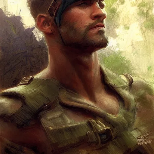 Image similar to young solider by a river, playful, male, muscular, green eyes, straight nose, beard, detailed face, gorgeous, amazing, muscular, intricate, highly detailed, painting by Gaston Bussiere, Craig Mullins