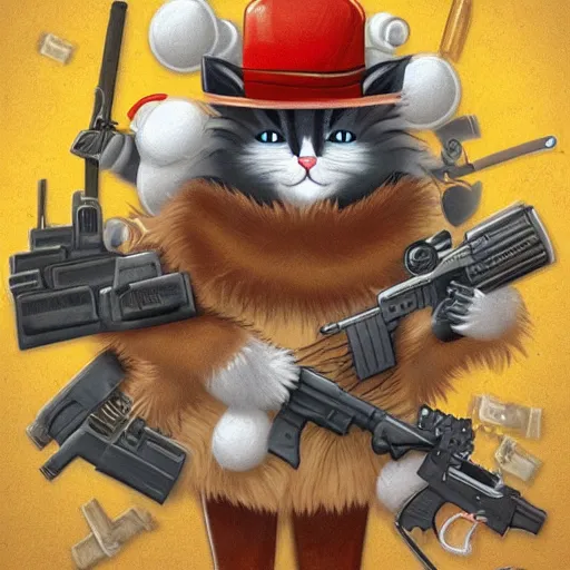 Image similar to fluffy anthropomorphic cat with lots of guns