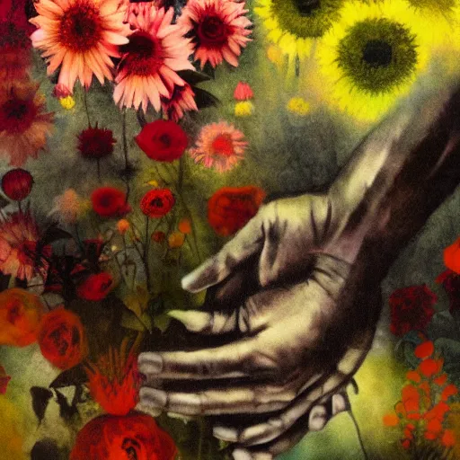 Prompt: a thousand of hands touching flowers, by Justin mortimer. Dark and atmospheric