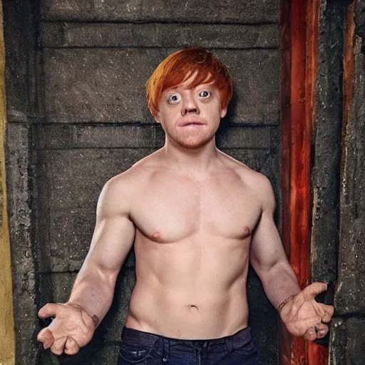 Prompt: Rupert Grint with The Rock's body and physique, photo