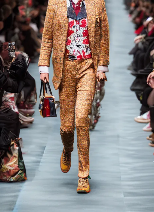 Image similar to hyperrealistic and heavy detailed gucci runway show of albert einstein, leica sl 2 5 0 mm, vivid color, high quality, high textured, real life