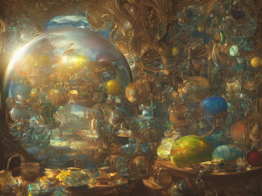 Image similar to 3 d render, sunlight study, the universe is a spheroid region 7 0 5 meters in diameter, art nouveau, by jan davidz de heem and ( ( ( ( ( lisa frank ) ) ) ) ), 8 k, sharp focus, octane render