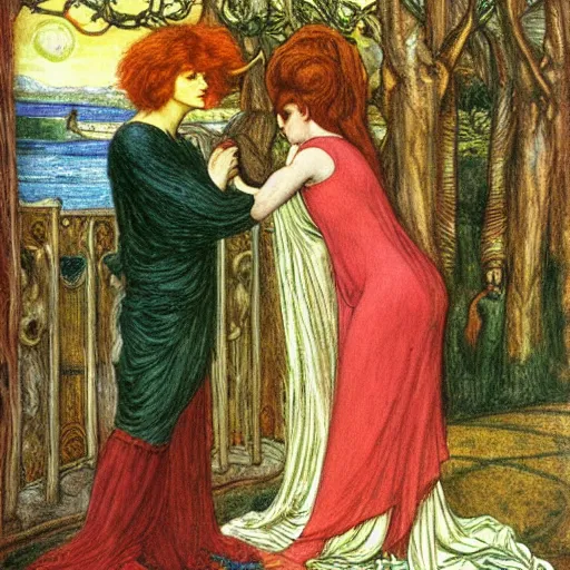 Image similar to ulysses meets witch circe, the odyssey, art by dante gabriel rossetti