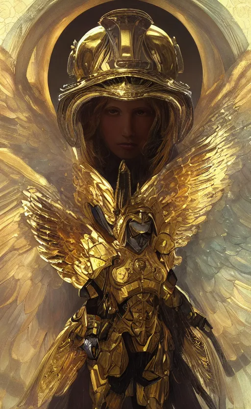 Image similar to Portrait of an archangel with golden wings, heavy armor and helmet, confident, heaven background, intricate, headshot, highly detailed, digital painting, artstation, concept art, sharp focus, cinematic lighting, illustration, art by artgerm and greg rutkowski, alphonse mucha, cgsociety