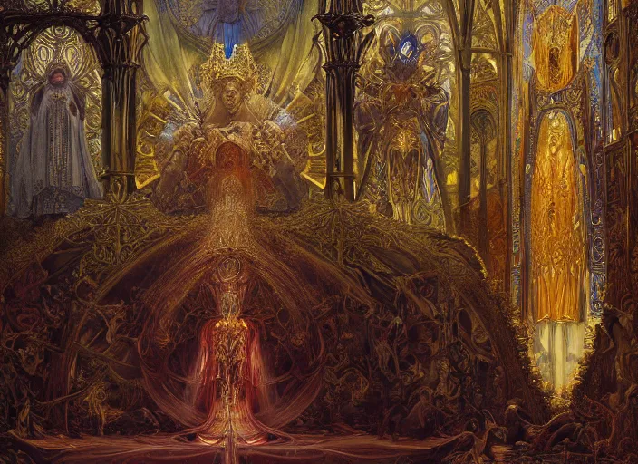 Image similar to worship of the pope, royal robe, gold trim, demons, mysticism, light effect, hyper detailed, intricate, atmospheric, elegant, photorealistic by zdzisław beksinski, iris van herpen, raymond swanland, craig mullins and alphonse mucha. hyper - real