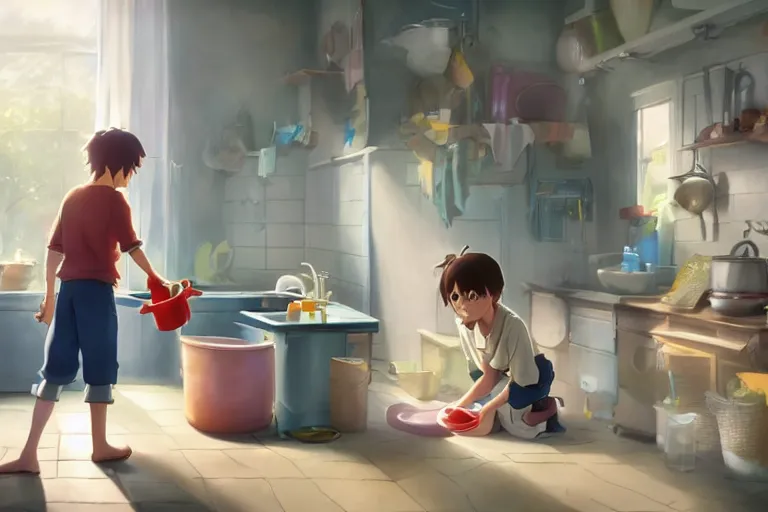 Image similar to a wholesome animation key shot of a boy and his sister washing dishes, medium shot, waist up, studio ghibli, pixar and disney animation, sharp, rendered in unreal engine 5, anime key art by greg rutkowski, bloom, dramatic lighting