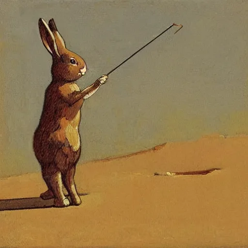 Image similar to a rabbit using a metal detector, in the style of ilya repin