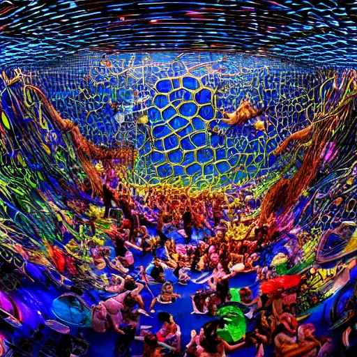 Image similar to diverse groups of humans swimming inside of supercomputers, wide angle, elaborate, highly detailed, beautiful lighting