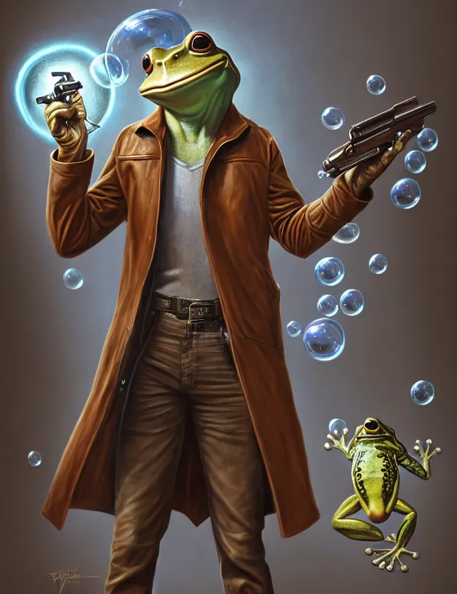 Image similar to anthropomorphic bipedal frog that is wearing a brown leather trenchcoat, and dual wielding revolver pistols, as a matte oil painting and d & d character art, by alex grey, standing, fullbody, floating bubbles, enlightenment, mystic, concept art, award - winning, extremely detailed, sharp focus