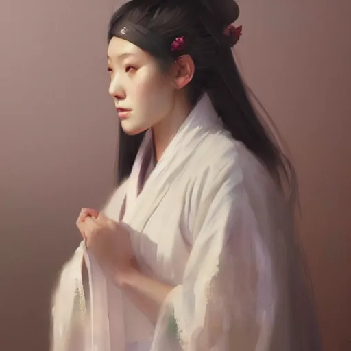 Prompt: oil painting girl wearing hanfu, herb rose, by greg rutkowski, artstation