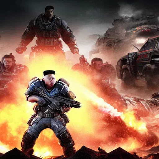 Image similar to kim - jong un in gears of war, splash art, movie still, detailed face, cinematic lighting, dramatic, octane render, long lens, shallow depth of field, bokeh, anamorphic lens flare, 8 k, hyper detailed, 3 5 mm film grain