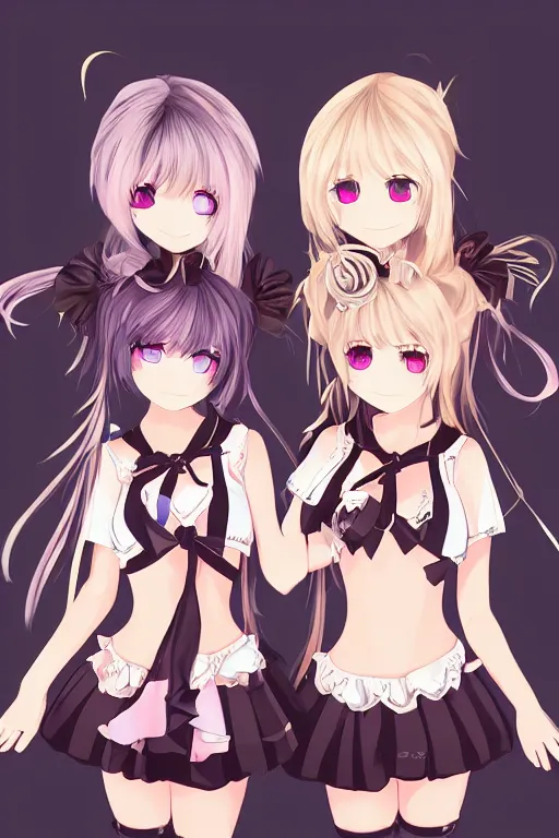 Image similar to two beautiful female idols with twintails standing chest to chest, dark background, digital art