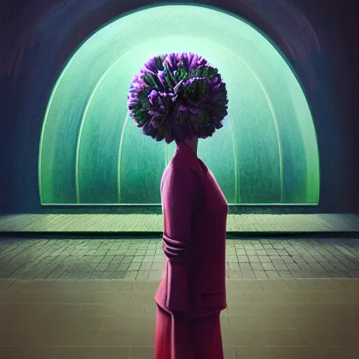 Image similar to giant carnation flower head, woman in metro station, surreal photography, dramatic light, impressionist painting, digital painting, artstation, simon stalenhag