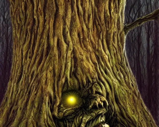 Image similar to a talking oak tree, huge face in the bark, eyes in the bark, mouth in the bark, horror concept art, sharp teeth, digital painting, oil painting, hyperrealistic, treebeard, ent, undead, fantasy monster, moonlight, in the forest, by alan lee, by artgerm