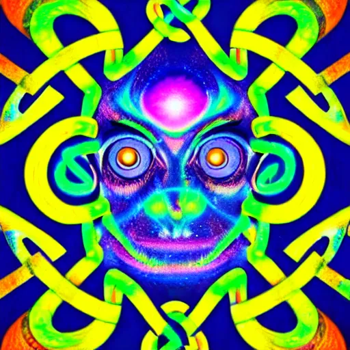 Image similar to a detailed digital art of a celtic knot oni abe vigoda extraterrestrial wearing a raver outfit by lisa frank and cicely mary barker, taiyo matsumoto, myst, beeple, cgsociety, crisp, low angle shot