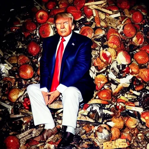 Image similar to donald trump in a dark ramshackle room hunched over a pile of rotting fruit and eating it. his eyes are half closed and he is looking at the camera. picture taken with an old phone with the flash on. grainy low quality