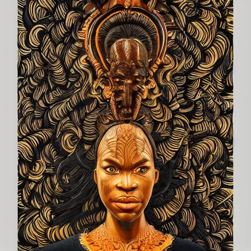 Prompt: african ancient elvish tribal god wooden totem, intricate artwork by Kehinde Wiley, Kara Walker James jean, Noah Bradley, very coherent stylized artwork, cinematic, hyper realism, high detail, Vibrant chromatic colors, High contrast, higly detailed black ink outline, no crop