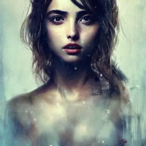 Image similar to portrait of beautiful happy young ana de armas, full body shot, ethereal, half life 2, dishonored 2, painted by greg rutkowski,