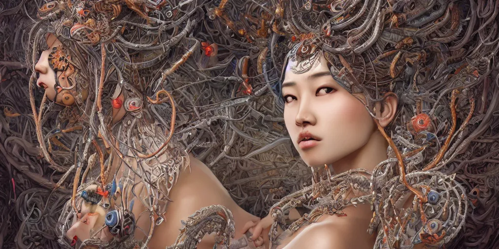 Image similar to hyperrealistic photography of a highly detailed and symmetrical gorgeous nepalese female demigorgon deconstructing a poetry machine in the style of Jin Kagetsu, James Jean and wlop, highly detailed, face symmetry, masterpiece, award-winning, sharp focus, intricate concept art, ambient lighting, 8k, artstation