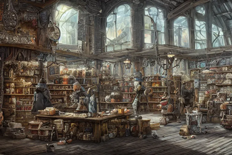 Image similar to A general goods store viewed from the inside, texture, intricate, details, highly detailed, masterpiece, architecture, building, trending on artstation, focus, sharp focus, concept art, digital painting, fantasy, sunny, day, midday, in the style of Dungeons and Dragons