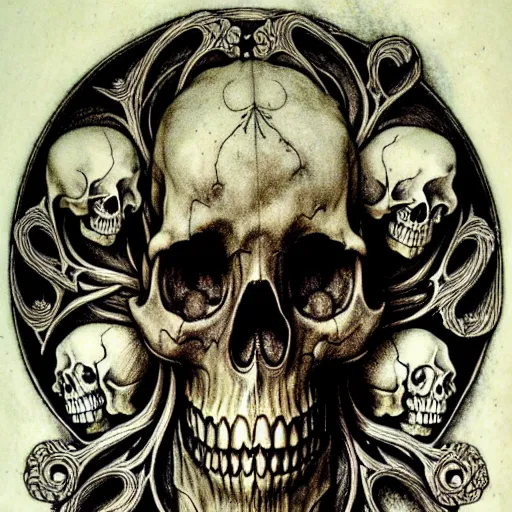 Prompt: memento mori by arthur rackham, detailed, art nouveau, gothic, ornately carved beautiful skull dominant, intricately carved antique bone, skulls, botanicals, art forms of nature by ernst haeckel, horizontal symmetry